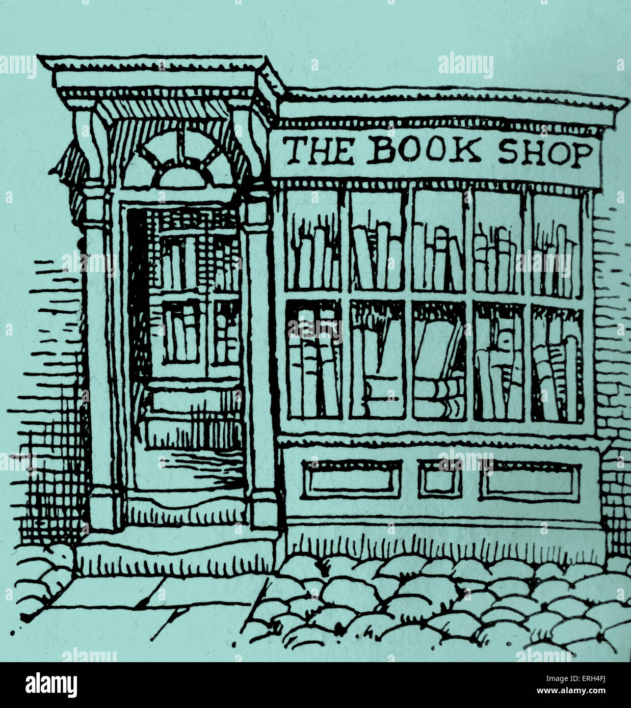 Die Buchhandlung "- Zeichnung einer Buchhandlung Front (Olde World Stil). Getönte Version. Stockfoto