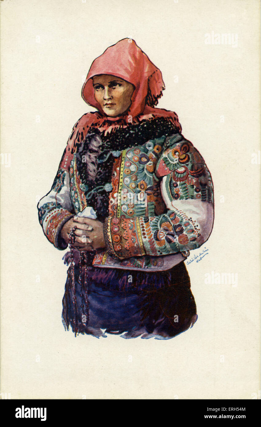 Ungarische Bäuerin in Tracht mit Kopftuch und verzierte Jacke. Stockfoto