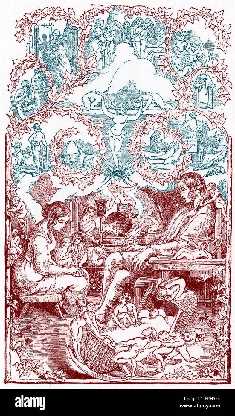 Charles Dickens buchen "The Cricket auf dem Herd" - illustrierte Titelblatt der 1. Auflage 1845.  Englischer Schriftsteller, 1812-1870. Stockfoto