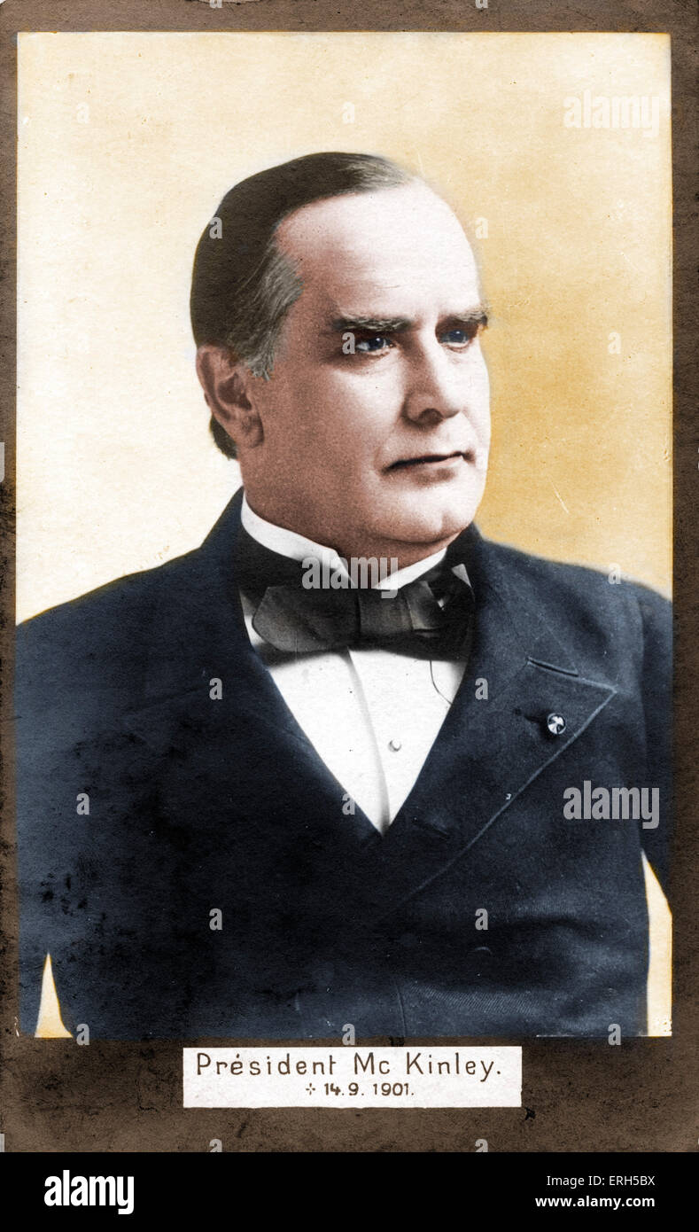 Präsident William McKinley, (1843-1901) 25. Präsident der Vereinigten Staaten (im Amt März 1897 – September 1901) Gedenk-Postkarte datiert auf Vorderseite, 14.9.1901 - das Datum seiner Ermordung. Farbausführung Version. Stockfoto