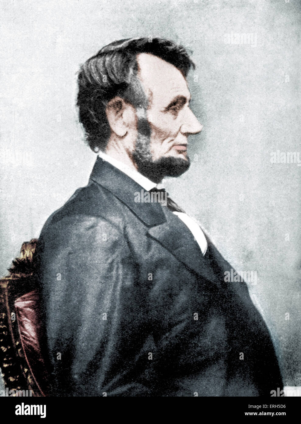 Abraham Lincoln - Porträt im Profil. Foto von der 16. Präsident der Vereinigten Staaten im Jahre 1864 übernommen, ein Jahr, bevor er ermordet wurde. 12. Februar 1809 – 15. April 1865. Farbausführung Version. Stockfoto