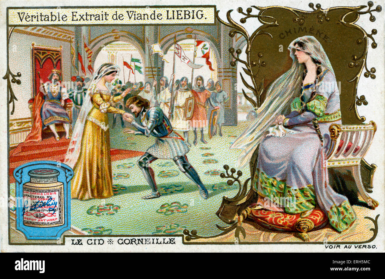 Le Cid von Corneille - Abbildung auf Liebig Fleisch Extrakt Sammelkartenspiel. Szene mit Le Cid nimmt die Hand seiner Stockfoto