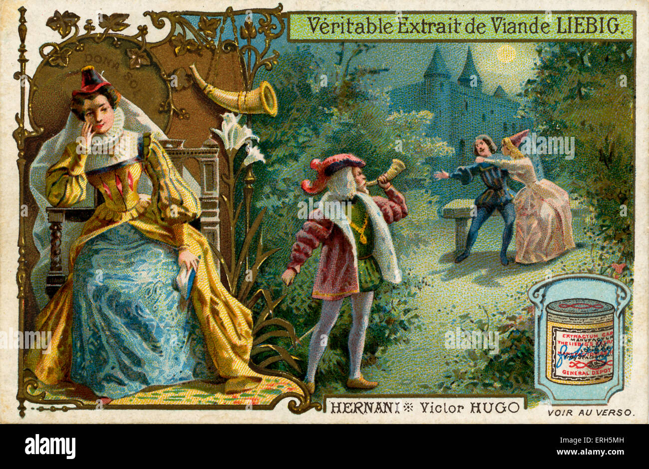 Hernani, Ou Ponsards Castillan von Victor Hugo-Illustration von Liebig Fleisch Extrakt Sammelkartenspiel. Spiel von 1830. VH: Französisch Stockfoto