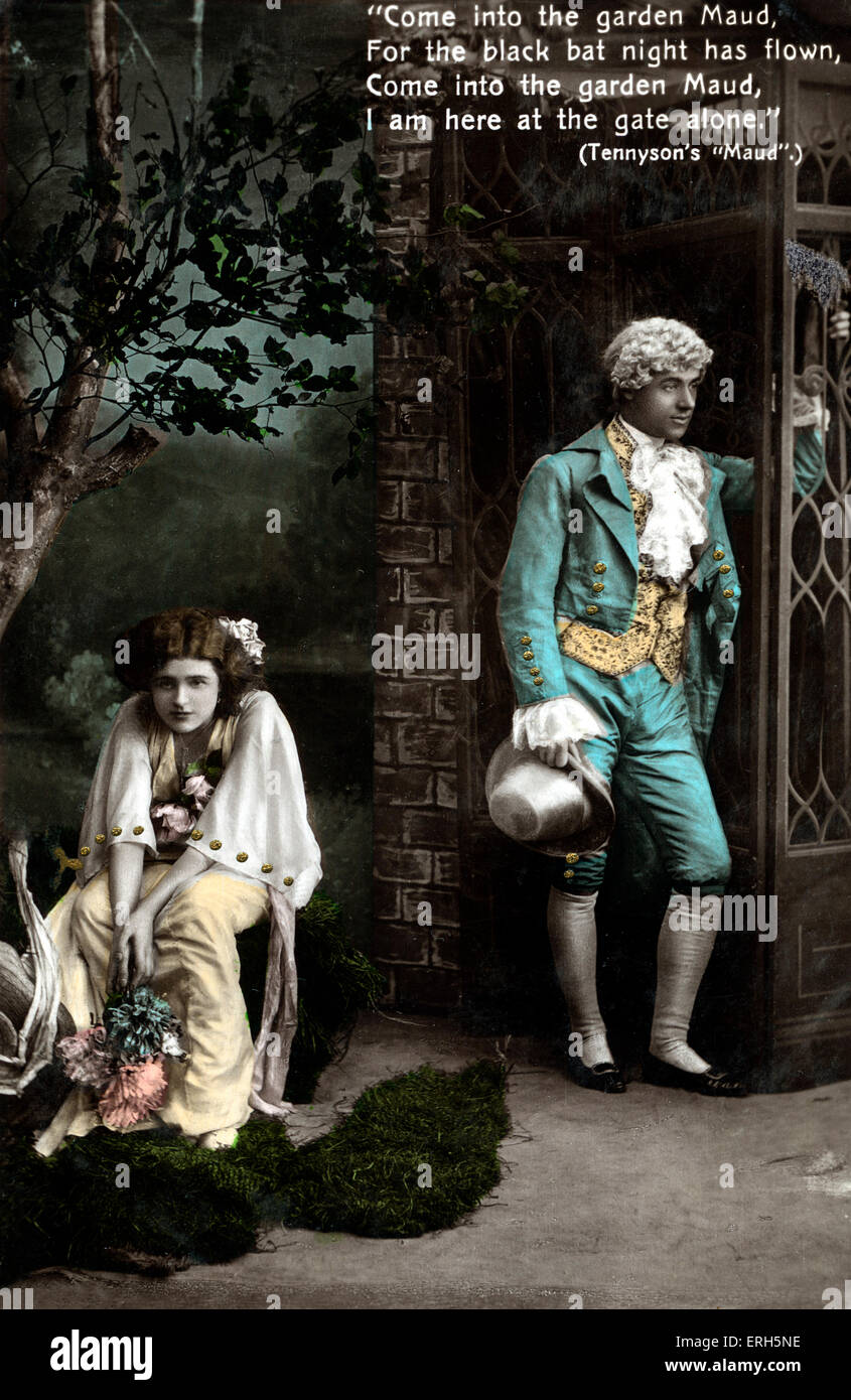 Alfred Lord Tennyson "Maud' (Gedicht 1855). Postkartenserie Anfang 1900. Gedicht liest: "kommen in den Garten Maud für die schwarze Fledermaus-Nacht geflogen hat, kommen in den Garten Maud, ich bin hier an der Pforte allein." Englischer Dichter und ehemaligen Hofpoet 6. August 1809 – 6. Oktober 1892) Stockfoto