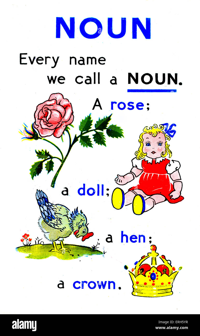 Seite aus "Erste Grammatikbuch für Kinder", mit einer Erläuterung der Funktion der Substantive. Veröffentlicht und gedruckt von W. Walker & Stockfoto
