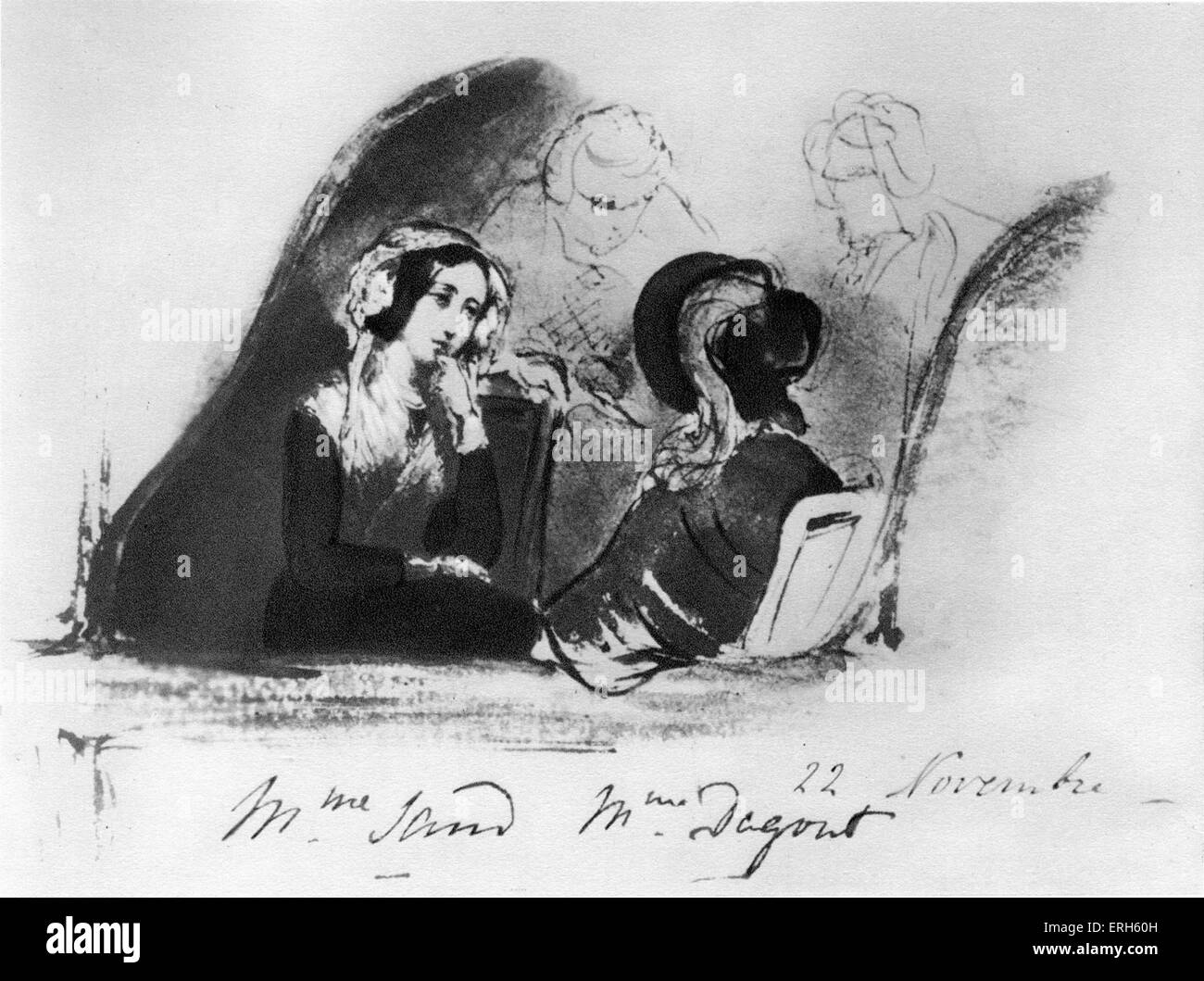 Geroge Sand und Marie d ' Agoult - am Theater, 22. November 1836. Von Aquarell. Beide Frauen sind romantisch mit Franz Liszt verbunden. GS: Auch bekannt als Amantine Aurore Lucile Dupin, französischer Schriftsteller und Romancier, 1. Juli 1804 – 8. Juni 1876. Chopin-Verbindung. FL: Ungarischer Pianist und Komponist, 22. Oktober 1811 - 31. Juli 1886. Stockfoto