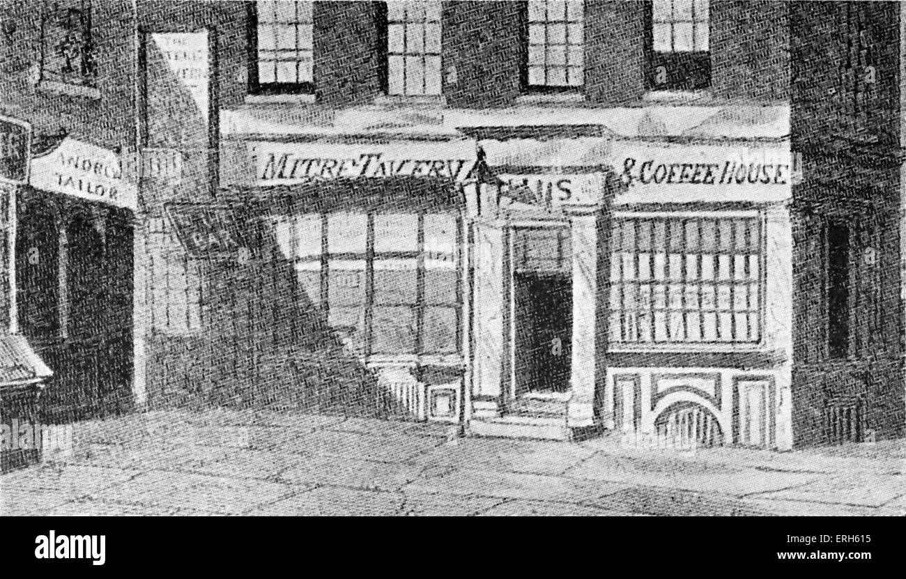 Der Mitre Tavern on Fleet Street von einem Holzstich. Die Mitre Tavern wurde von Männern wie Oliver Goldsmith, Dr frequentiert. Stockfoto