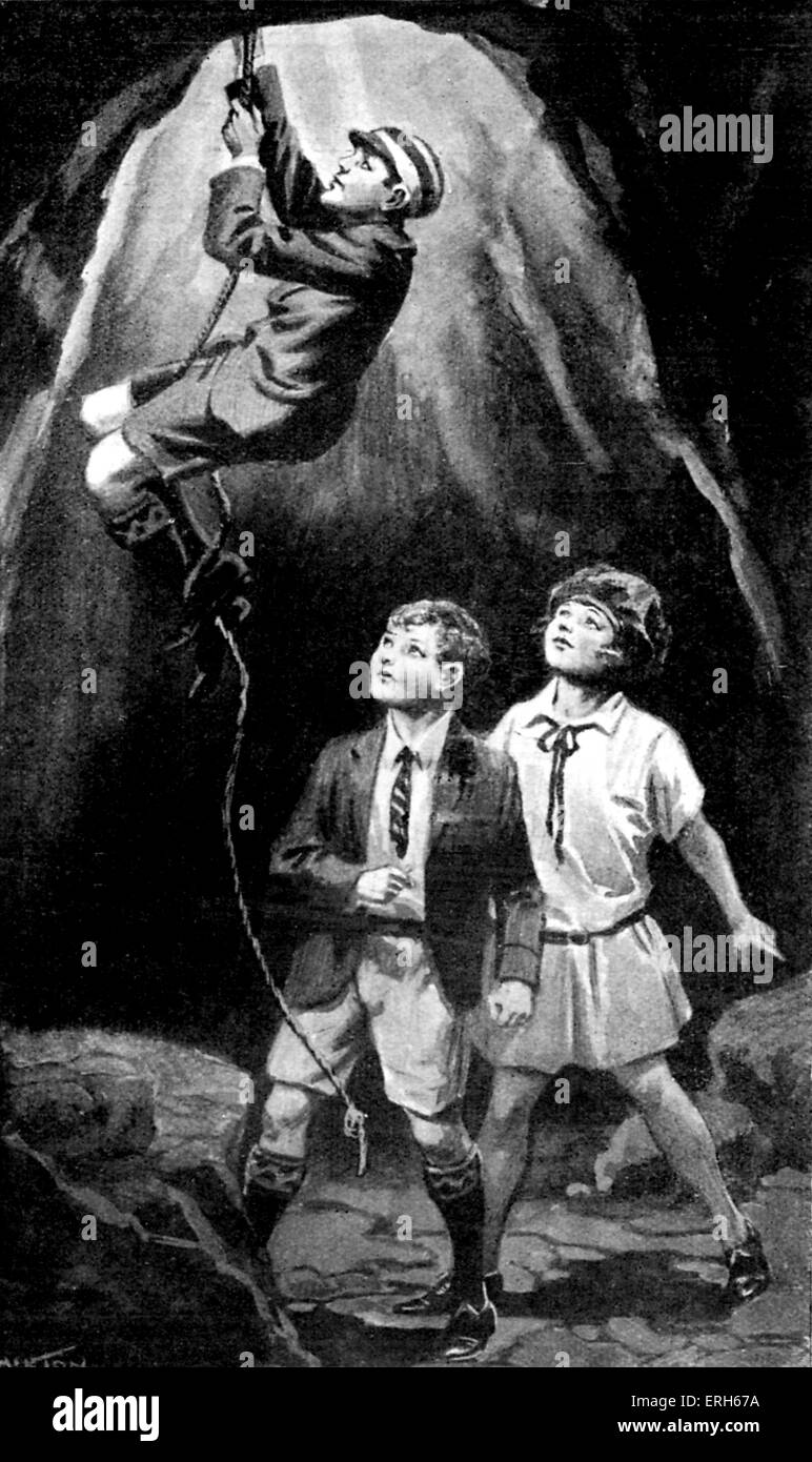 Die Insel der Abenteuer - Kinderbuch Illustration, 1928. Geschrieben von Alfred Judd. Bildunterschrift lautet: "Jim ging zuerst, schwärmen Stockfoto