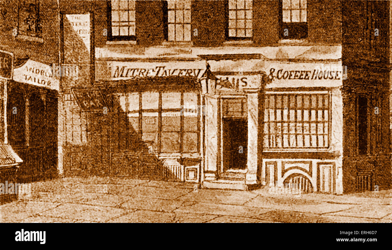 Der Mitre Tavern on Fleet Street von einem Holzstich. Die Mitre Tavern wurde von Männern wie Oliver Goldsmith, Dr frequentiert. Stockfoto