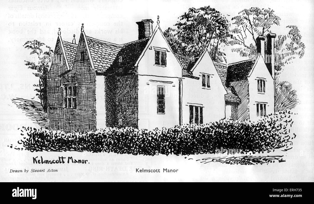 Kelmscott Manor, Heimat von William Morris, der Kelmscott Press im Januar 1891 gründete. Zeichnung von Stewart Acton. WM: Englisch Künstler, Schriftsteller und Sozialist, 24. März 1834 – 3. Oktober 1896. Stockfoto