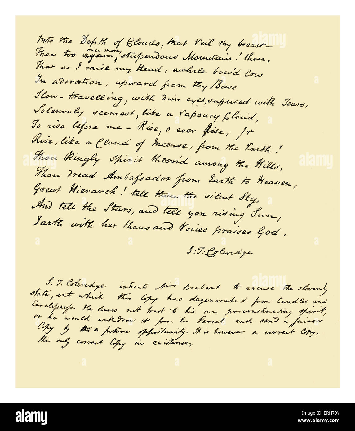 Autogramm: Coleridge.   "Vor Sonnenaufgang in Vale Chamouny Hymne", die Frau von Dr. Brabant von Devizes gesendet Stockfoto