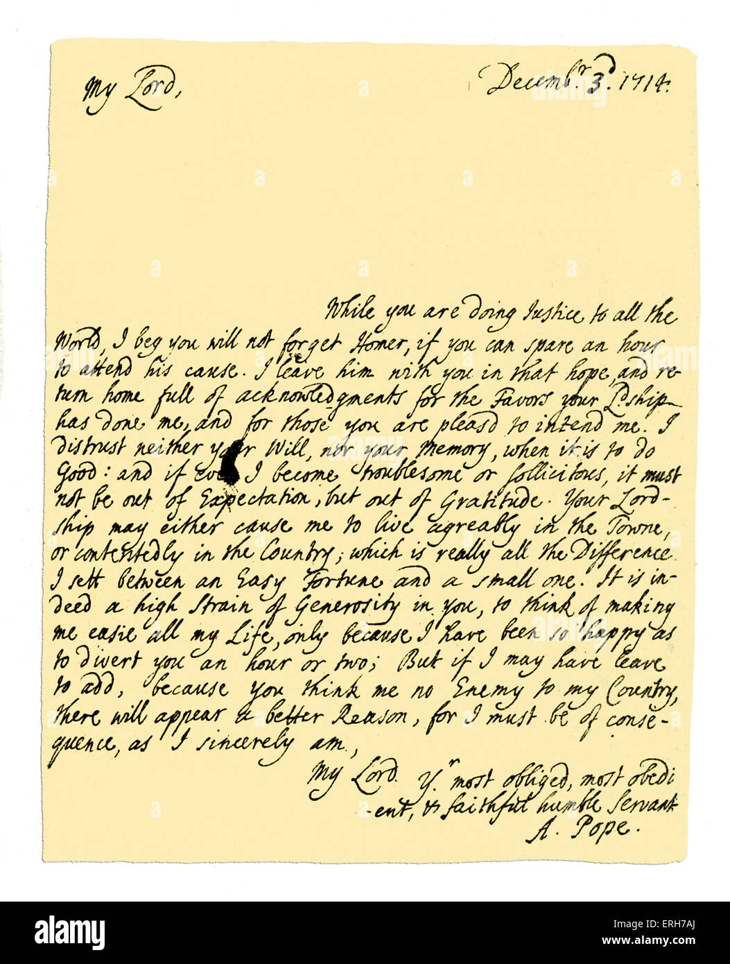 Autogramm: Brief von Alexander Pope an Charles Montagu, Earl of Halifax, bat ihn nicht zu Popes Übersetzung von Homer Vol VI zu vergessen, die er mit verlassen hatte, und dankte ihm für Vergangenheit und Zukunft begünstigt. 3. Dezember 1714. Englischer Dichter 21. Mai 1688 – 30 Mai 1744Source: British Museum. Stockfoto