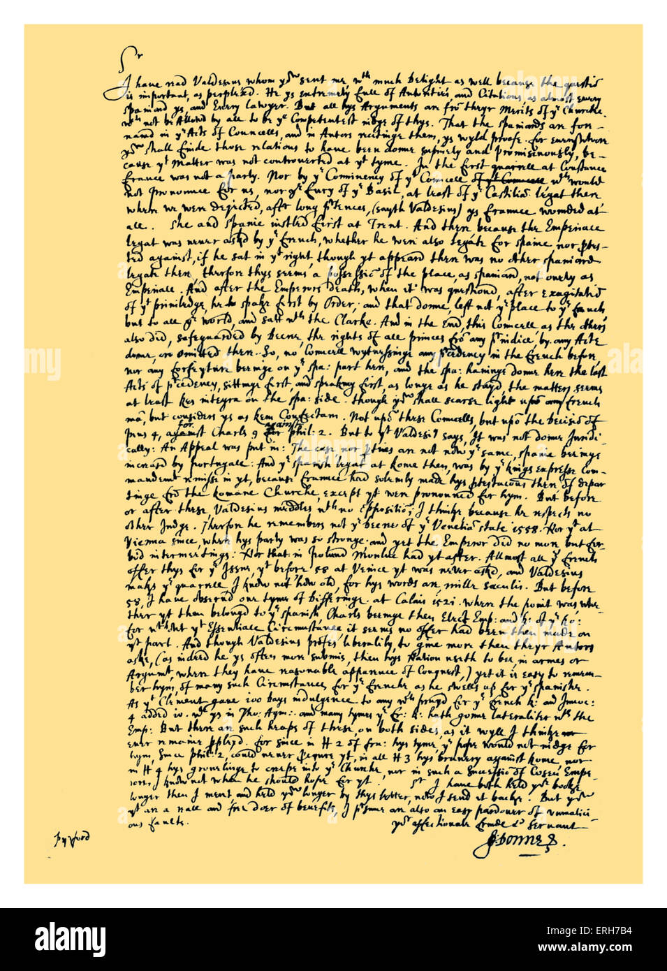 Autogramm: Brief von Dr. John Donne an Sir Robert Cotton. Donne kehrt zurück - mit Kritik - eine Kopie der Abhandlung von Jacobus Stockfoto