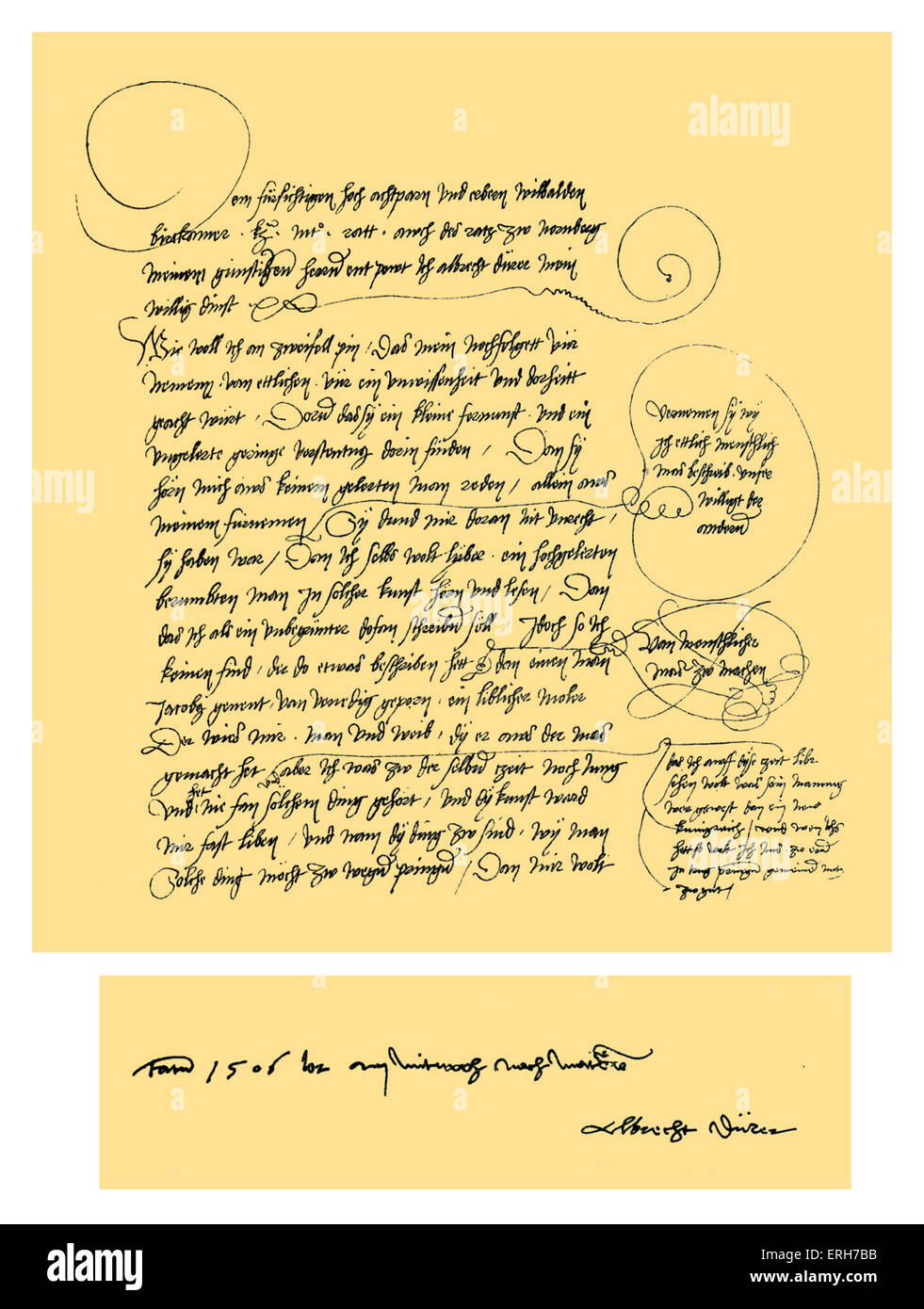 Autogramm: Entwurf von Dürers Hingabe an Bilibald Pirkheimer der seine "vier Bücher von menschlicher Proportionen."  Geschrieben von c. 1523 und Stockfoto
