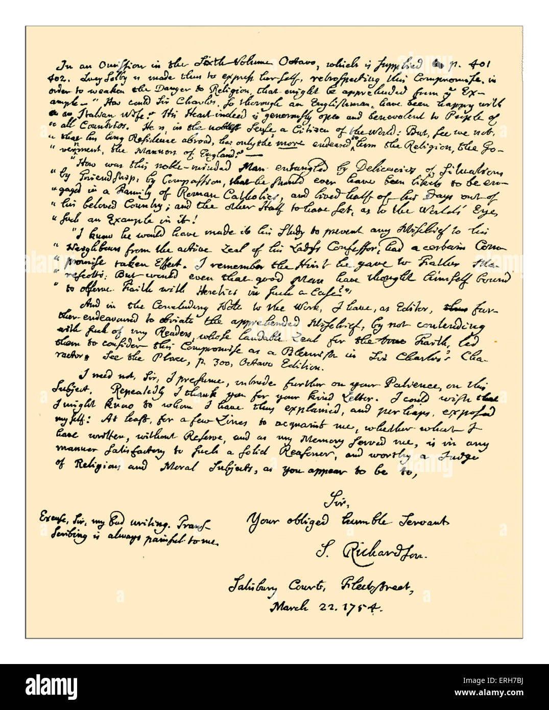 Autogramm: Brief von Samuel Richardson an eine anonyme Korrespondent, als Antwort auf Kritik an den Kompromiss, religion Stockfoto