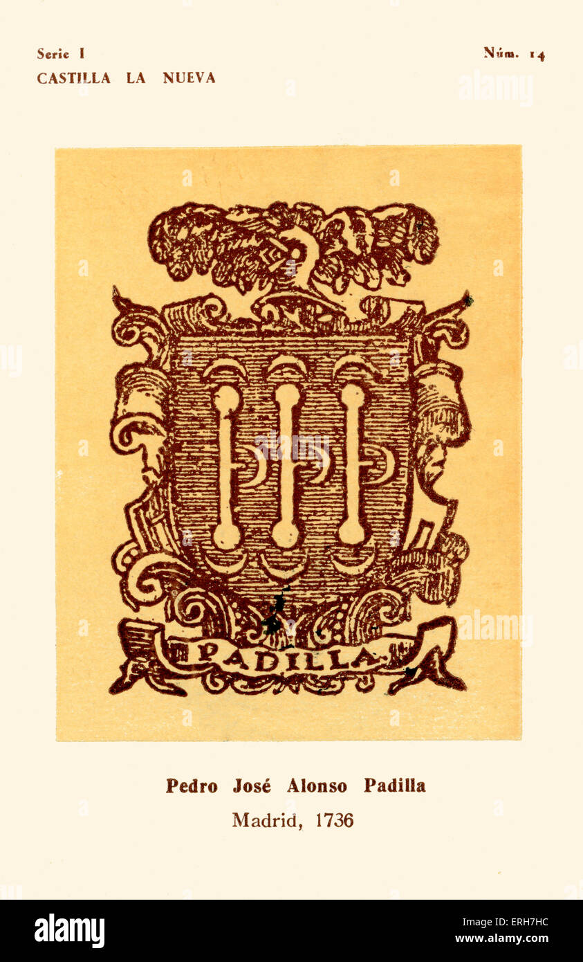 Buchhändler Mark: Pedro José Alonso Padilla, Madrid 1736. Padilla Familienwappen. Nr. 14 in Serie ich (Antiquare aus Castilla Stockfoto