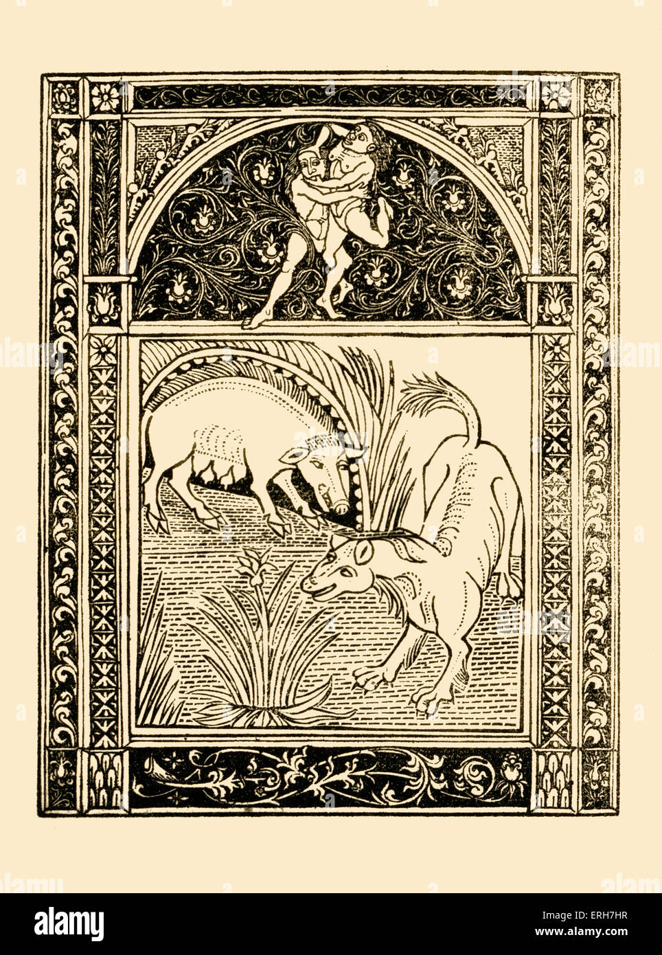 Fabeln des Äsop: der Fuchs und das Wildschwein. Abbildung nach 1485 Ausgabe gedruckt in Neapel von deutschen Druckereien für Francesco del Stockfoto