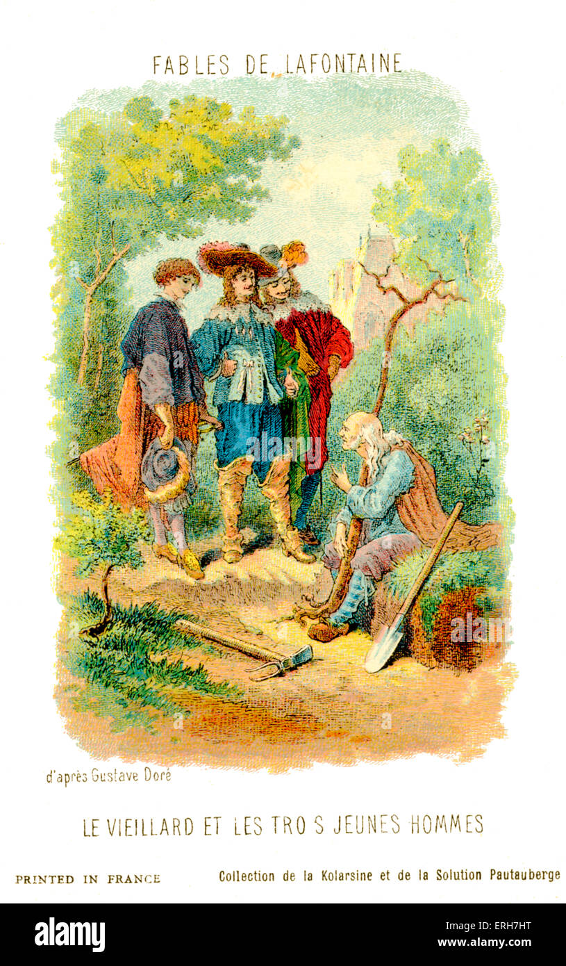 Le Vieillard et Les Trois Jeunes Hommes (der alte Mann und die drei jungen Männer) - Fabel von La Fontaine.  Nach Darstellung von Stockfoto