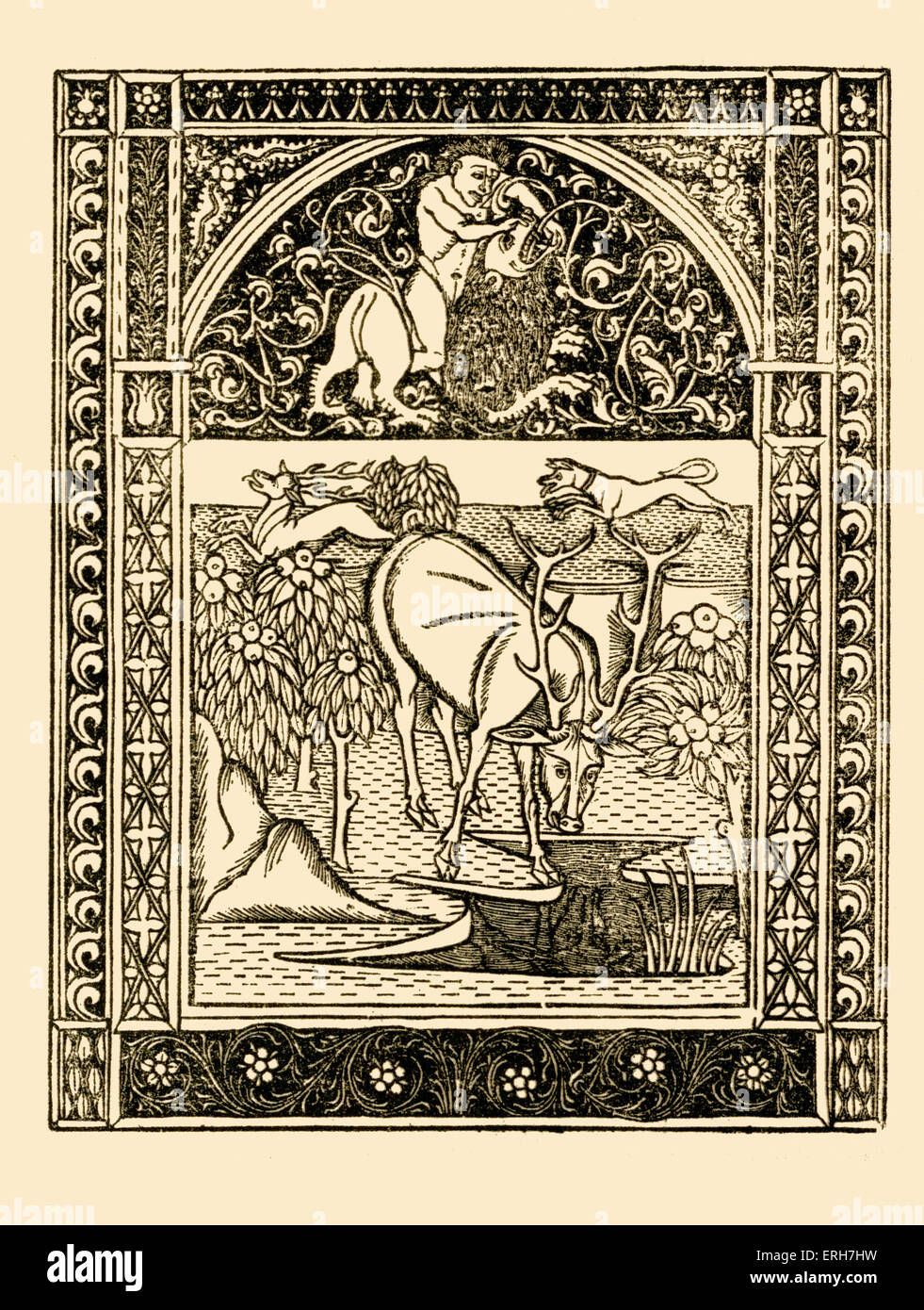 Aesop Fabeln: der Hirsch am Pool. Abbildung nach 1485 Ausgabe gedruckt in Neapel von deutschen Druckereien für Francesco del Stockfoto