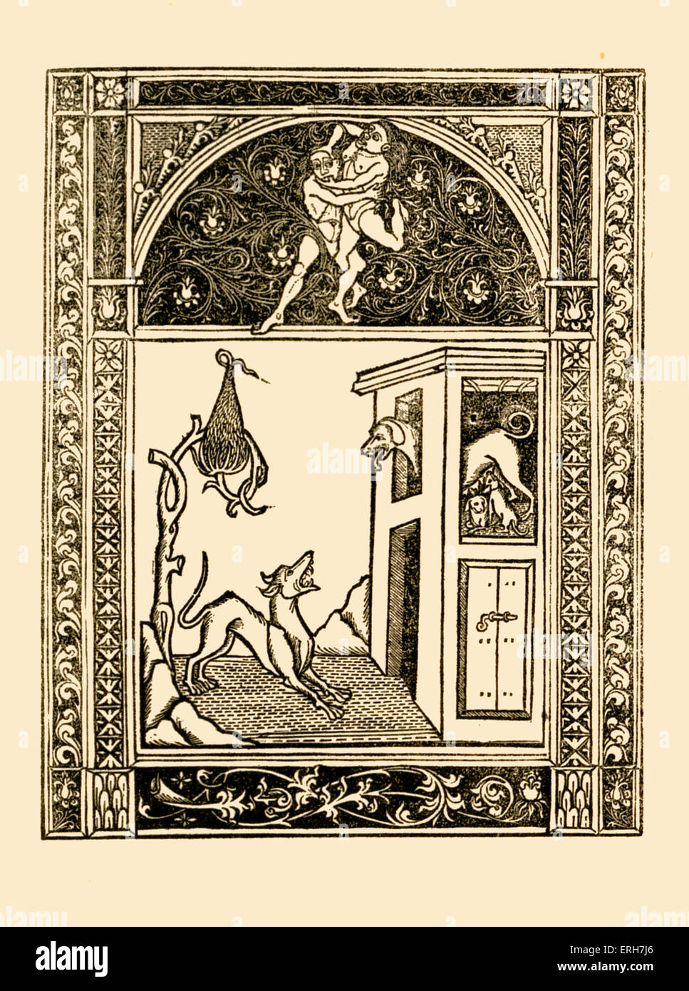 Aesop Fabeln: die beiden Hunde. Abbildung nach 1485 Ausgabe gedruckt in Neapel von deutschen Druckereien für Francesco del Tuppo. Stockfoto
