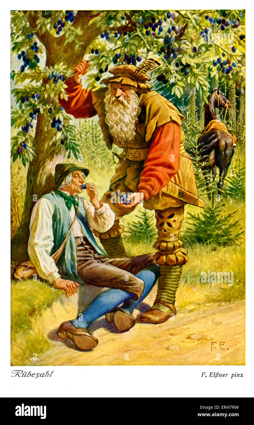 Rübezahl - Illustration von F. Elßner. Moutain Geist oder Woodwose Figur im deutschen Märchen. Bildunterschrift: "Rübezahl Schenkt als Stockfoto