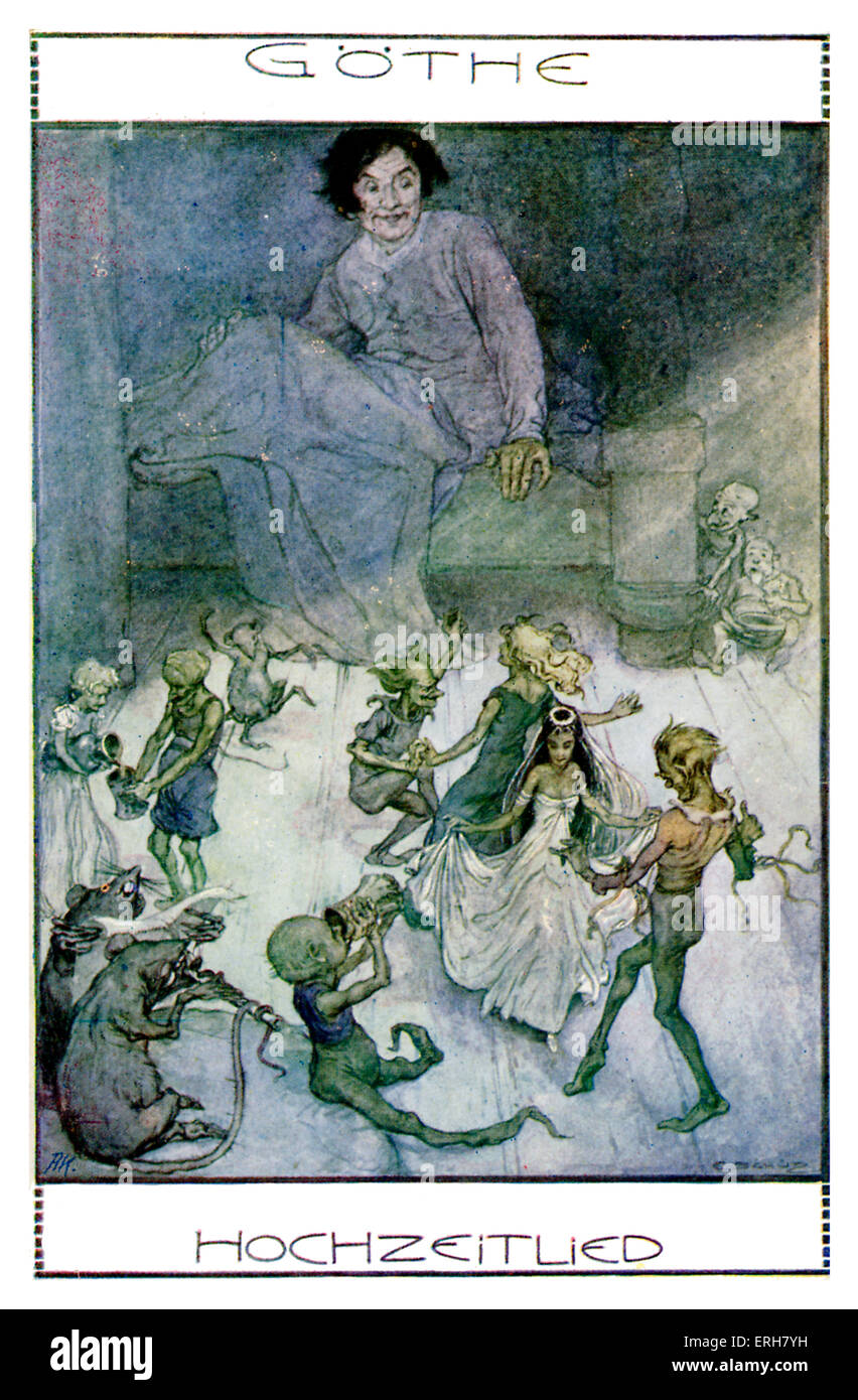 Goethe "Hochzeitlied" Abbildung. Zeigt einen Mann wach im Bett Kleinstlebewesen, die eine Hochzeit zu feiern. Gedicht von Stockfoto