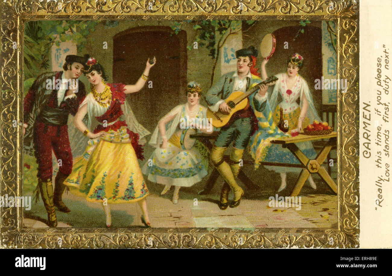 Carmen von Georges Bizet. Französischer Komponist, 25. Oktober 1838 - 3. Juni 1875. Darstellung der Szene aus der Oper. Bildunterschrift lautet: Stockfoto