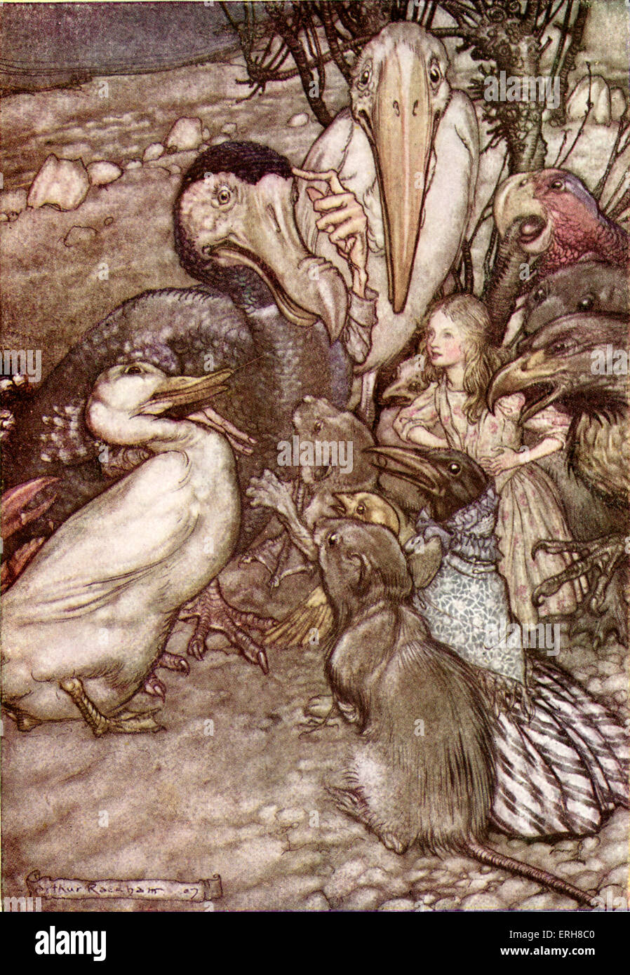 Alices Abenteuer im Wunderland von Lewis Carroll (Charles Lutwidge Dodgson). Bildunterschrift lautet: "sie alle drängten sich um ihn, Stockfoto