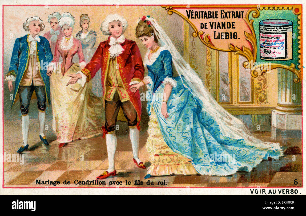 Cinderella heiratet den Prinzen. Bildunterschrift lautet: "Mariage de Cendrillon Avec le Fils du Roi". Liebig-Card-Serie (1888). Stockfoto