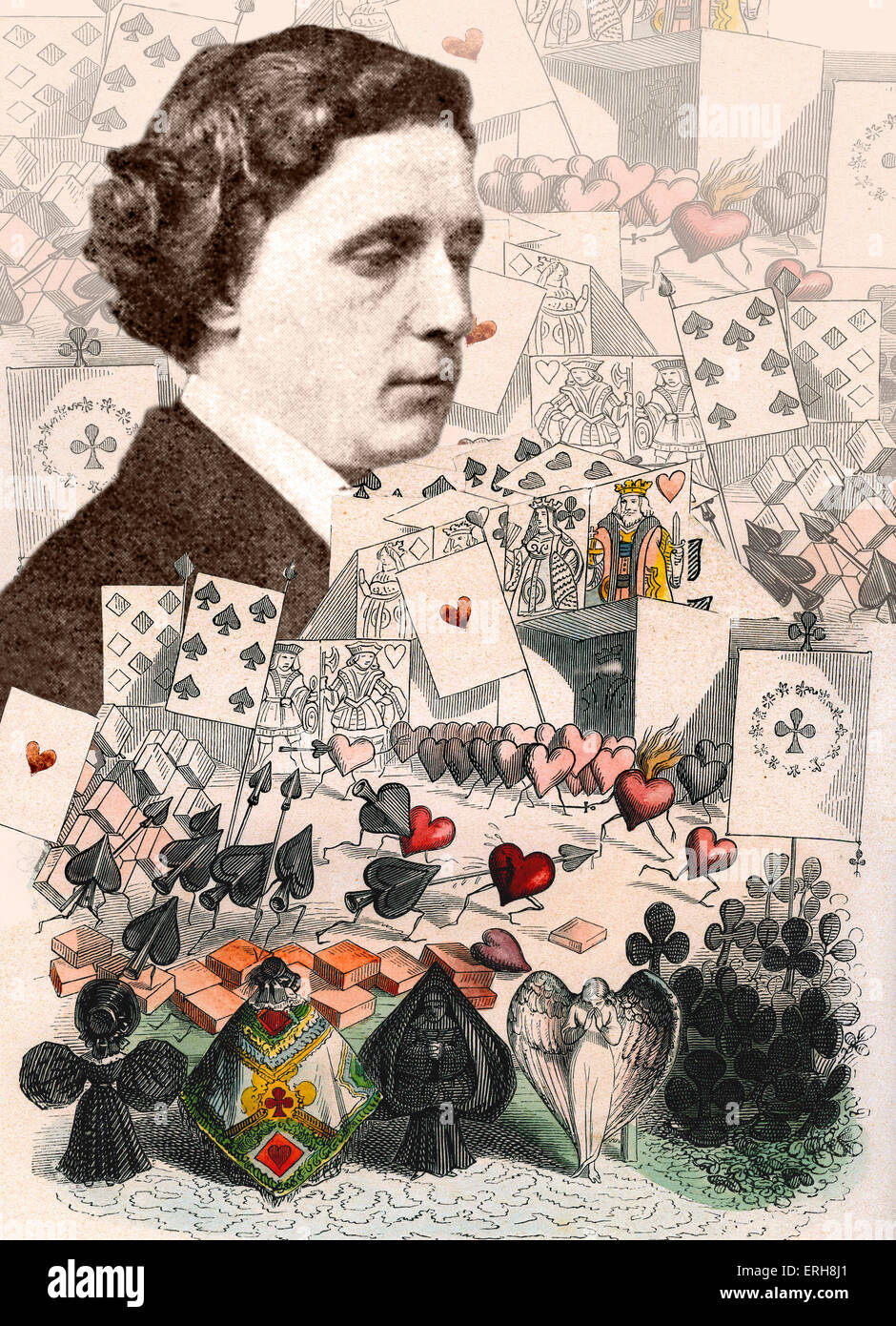 Lewis Carroll - Collage aus Alice im Wunderland-Illustrationen mit Porträt des 28. März 1863. LC: Geboren Charles Lutwidge Stockfoto