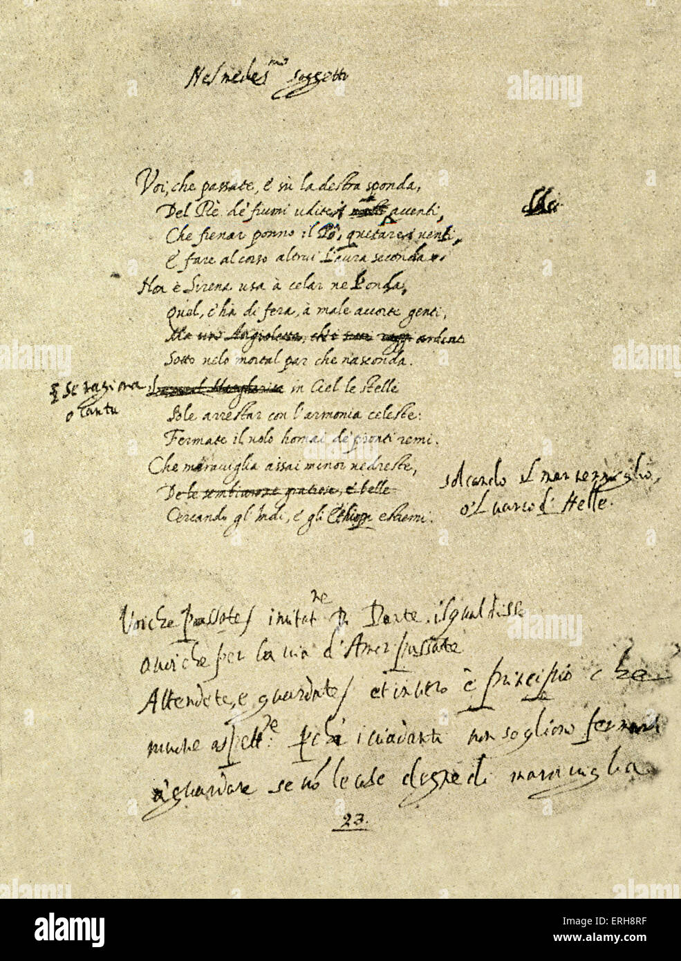 Vers von Torquato Tasso in seiner Handschrift. Italienischer Dichter, 11 März 1544-25 April 1595. Stockfoto