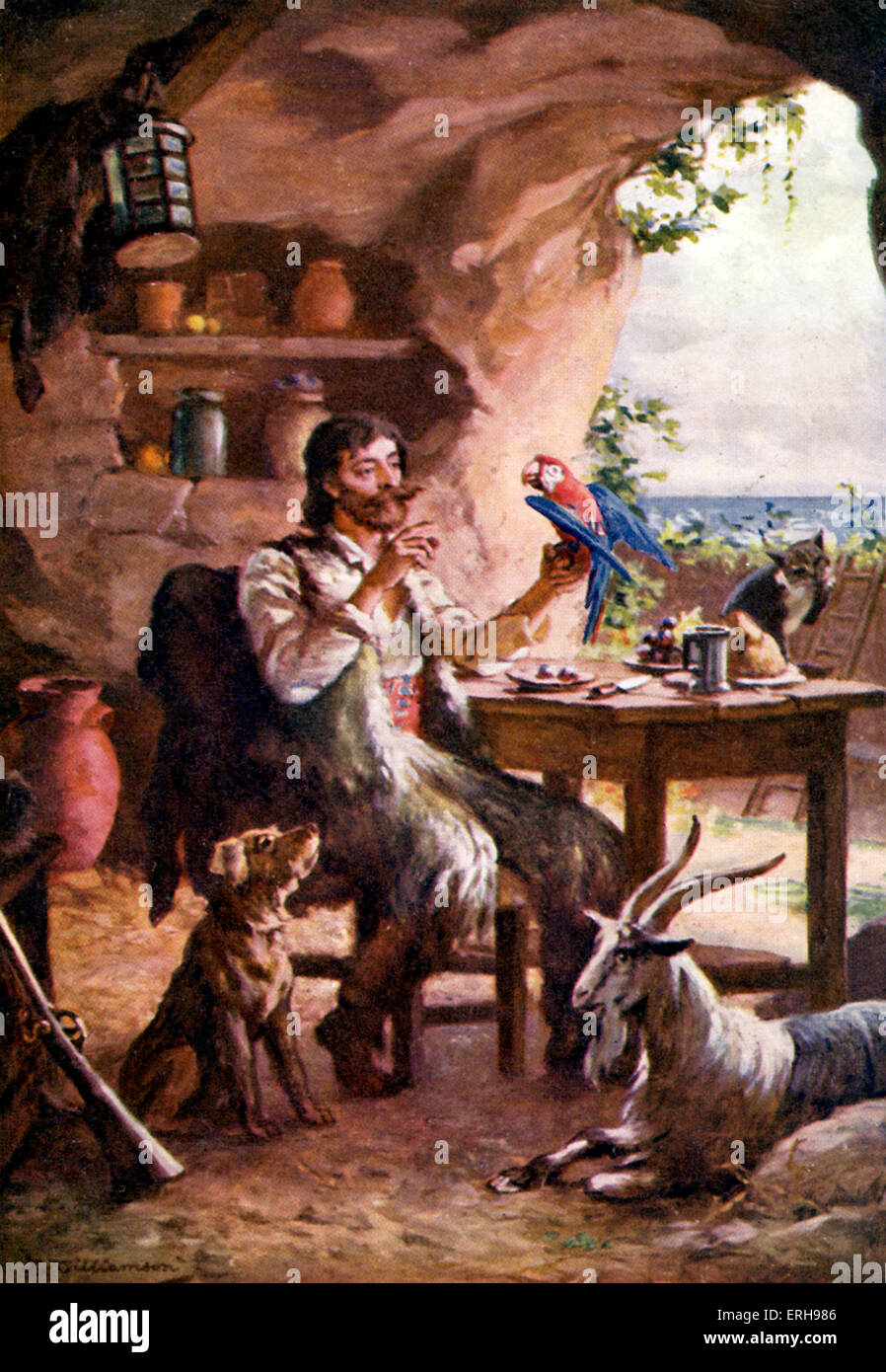 Robinson Crusoe - Roman von Daniel Defoe. Illustration von Robinson Crusoe mit Papagei, Katze, Hund und Ziege. C. 1904. Roman Stockfoto