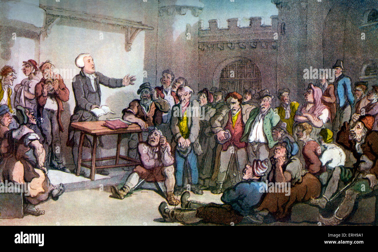 Vicar of Wakefield von Oliver Goldsmith. "Der Pfarrer predigt den Gefangenen" von Thomas Rowlandson, britischer Maler: 1757 - Stockfoto