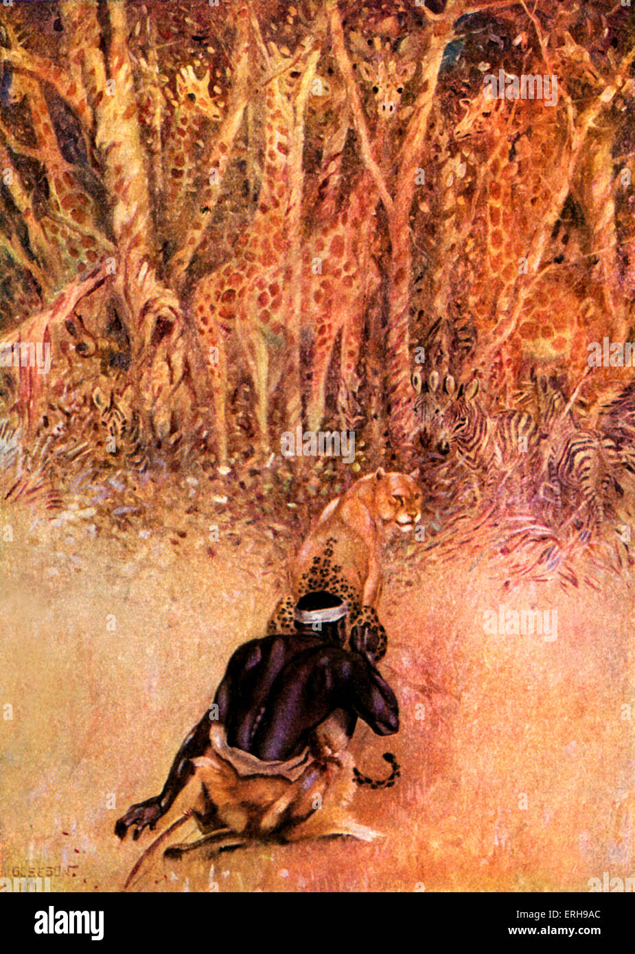 Nur So Geschichten von Rudyard Kipling. Wie die Leopard seine Flecken bekam. Farbe-Illustration von j.m. Gleeson (Datum nicht bekannt) Stockfoto