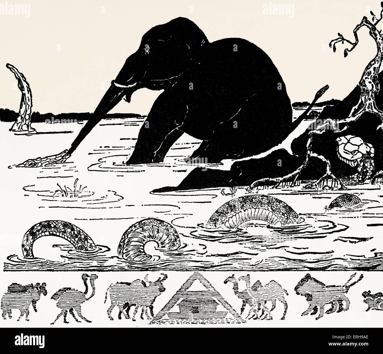 Nur So Geschichten von Rudyard Kipling. Der Elefant Kind mit seiner Nase gezogen durch das Krokodil. Schwarz und weiß-Abbildung Stockfoto