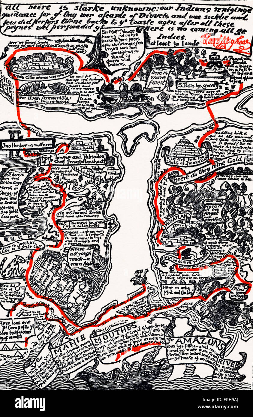 Nur So Geschichten von Rudyard Kipling. Inticing Karte des trüben Amazonas getan in rot und schwarz. Schwarz und weiß-Abbildung von Stockfoto
