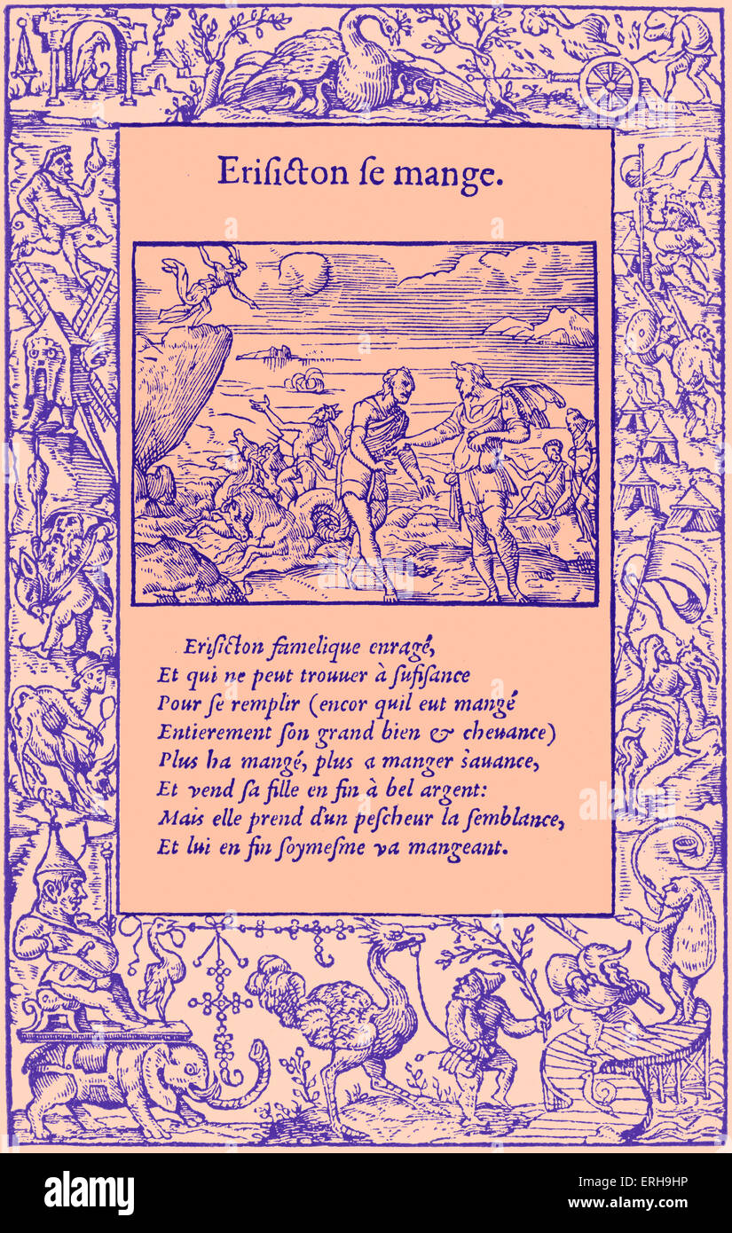 Ovids Metamorphosen (französische Ausgabe), 1557. Von Holzschnitt Seite von Bernard Salomon. Zeigt Erysichthon, König von Thessalien, Stockfoto