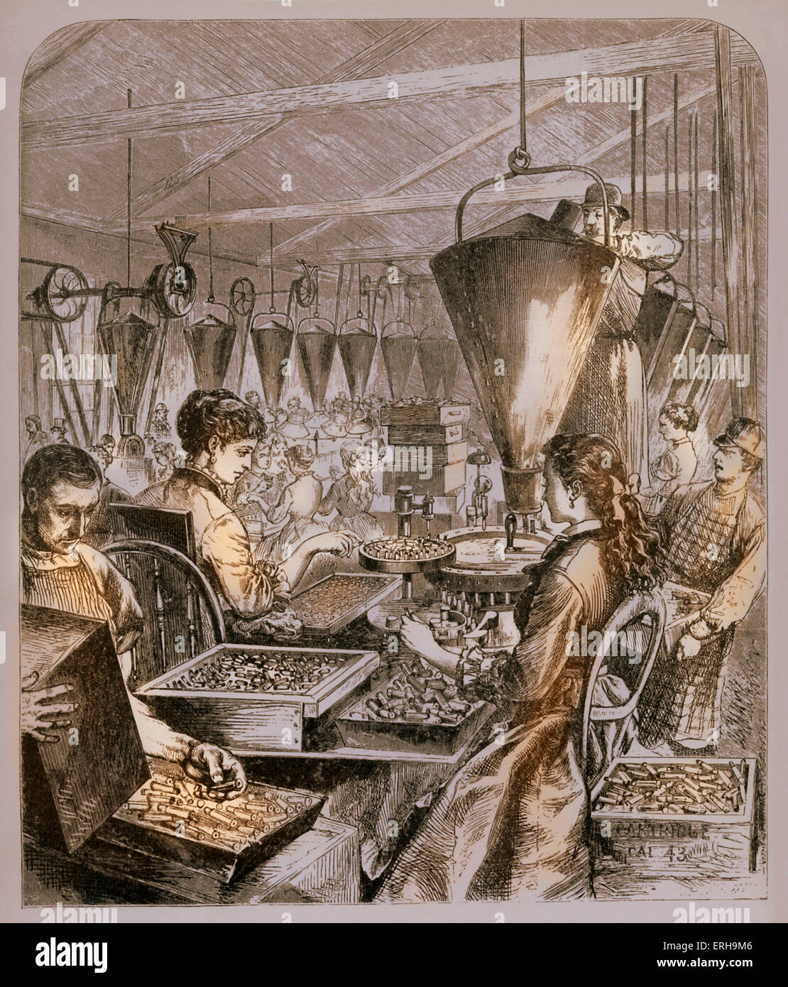 Munitions-Fabrik - Amerika des 19. Jahrhunderts - AfterAmerican Bürgerkrieg - in Bridgeport, Connecticut.  Weibliche Beschäftigte. Zeigt Stockfoto