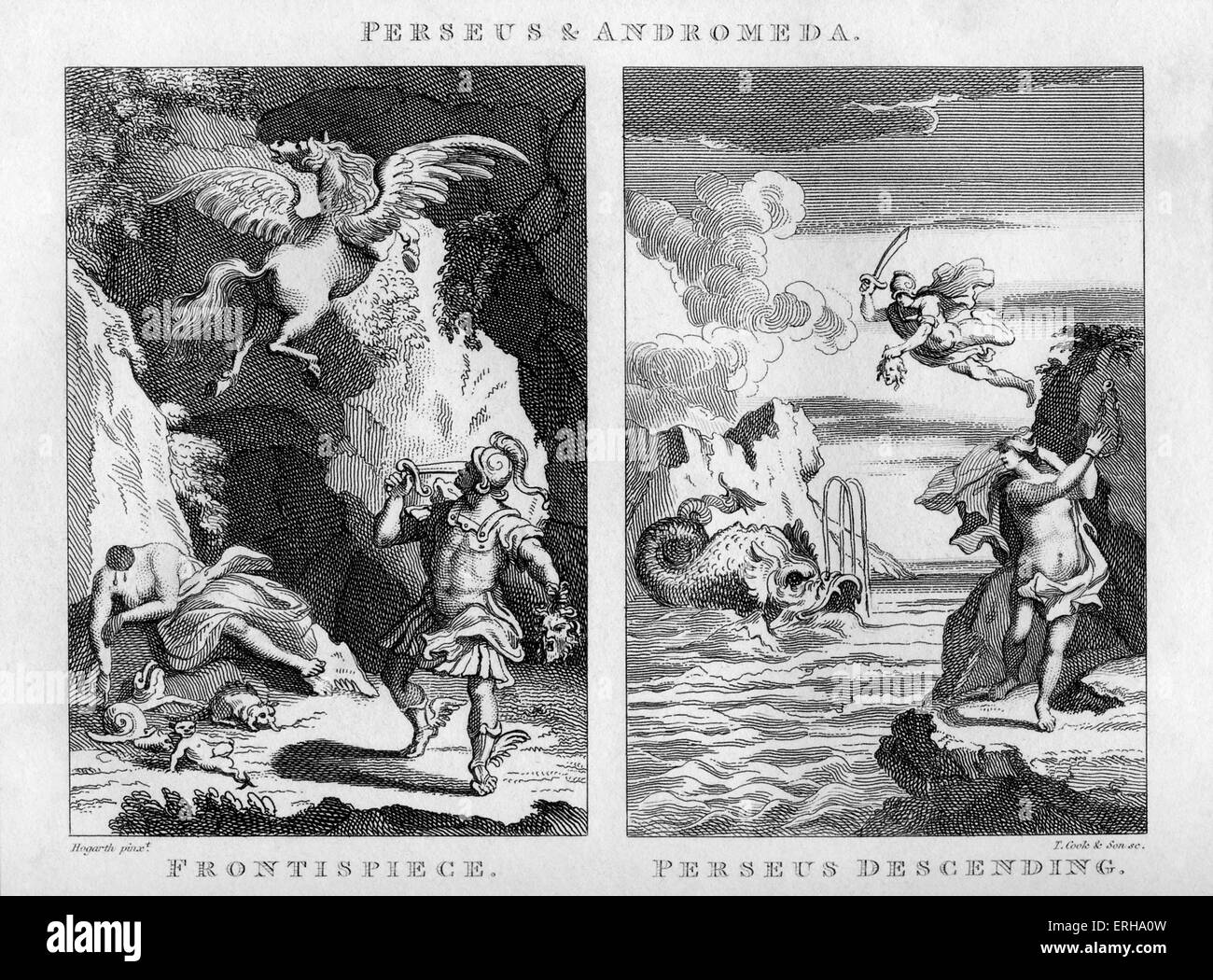 Perseus und Andromeda von William Hogarth, 1729.  Gestochen von T. Cook & Söhne. Anzeigen Links: Frontispiz mit Perseus Holding der Stockfoto