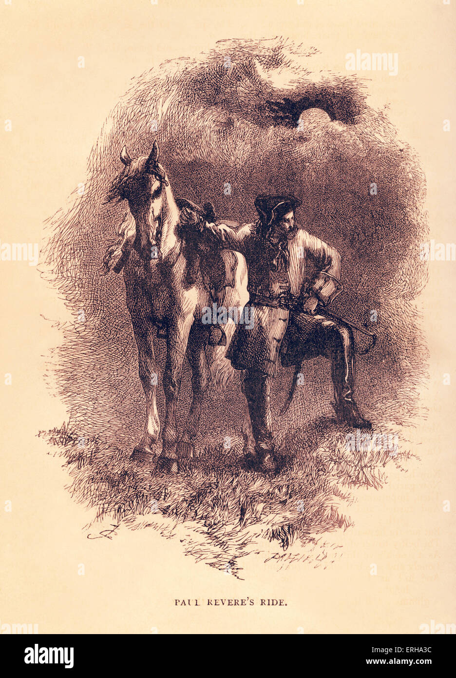 Henry Wadsworth Longfellow Gedicht "Revere Ride" - Porträt von Paul Revere neben seinem Pferd. Illustration von Sir John Stockfoto