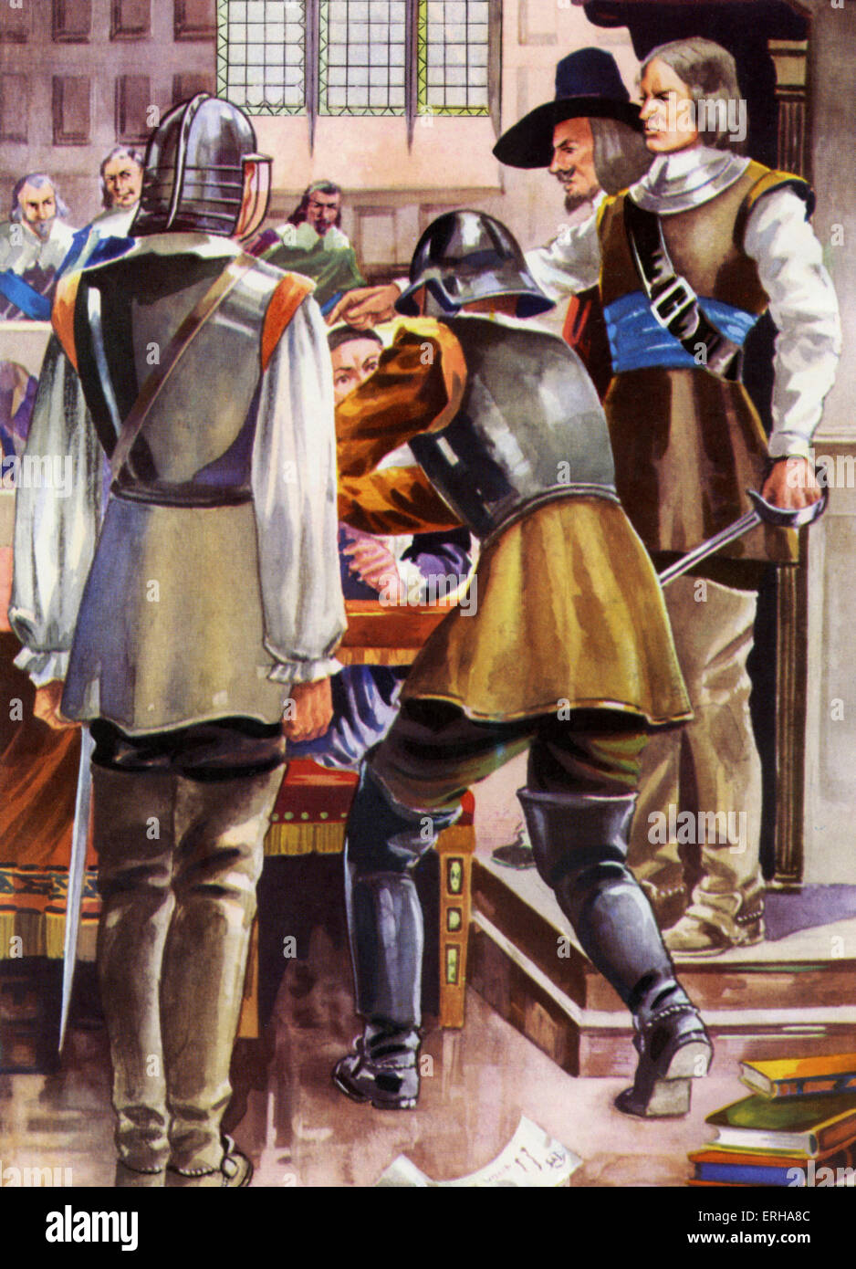 Oliver Cromwell (1599-1658) bei der Auflösung des Parlaments (1653). Cromwell löste das Rumpfparlament 1653 nach es Stockfoto