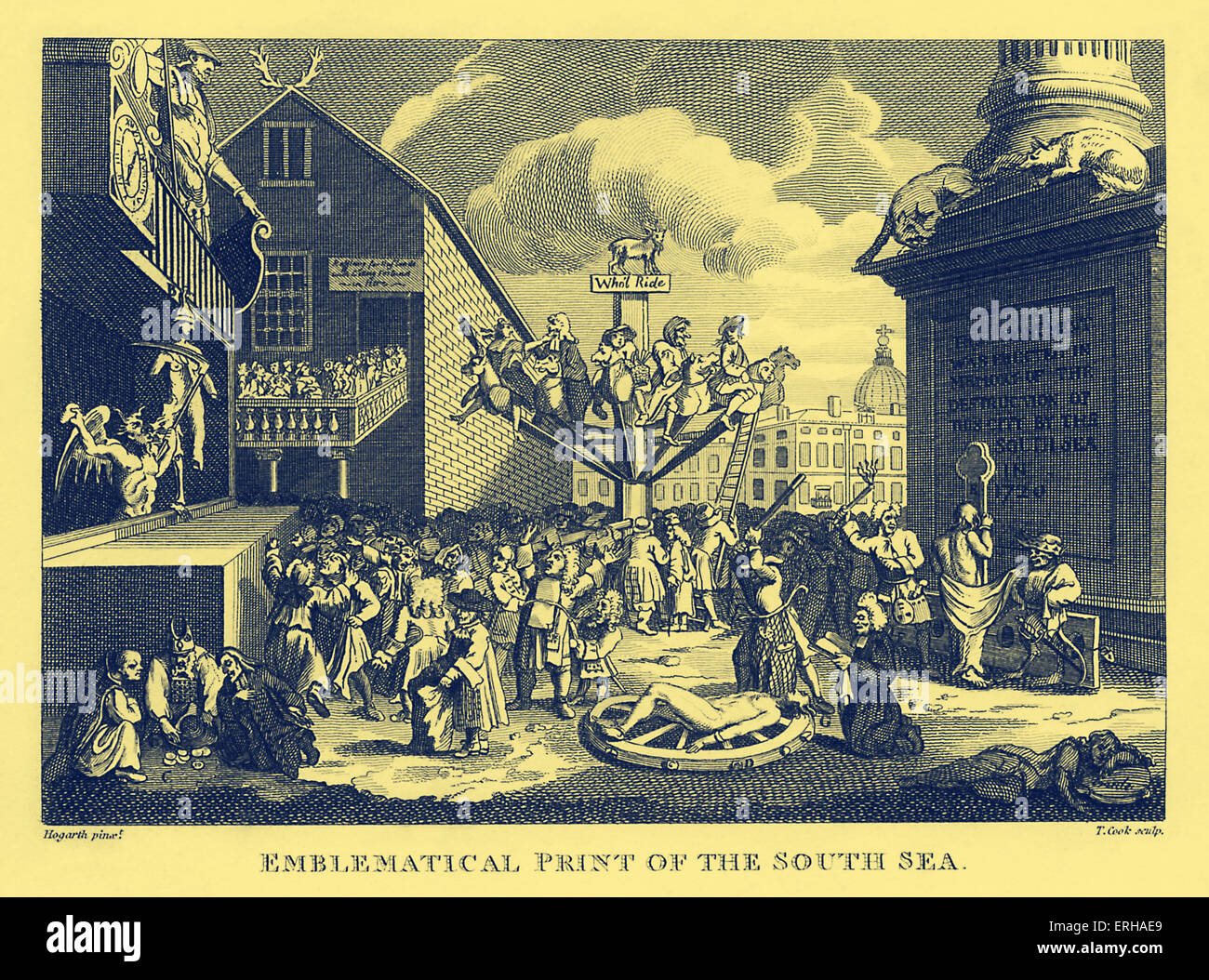 Die South Sea Bubble - eine Allegorie, 18. Jahrhundert Kupferstich von William Hogarth, englischer Maler und Künstler. Der Teufel gräbt sich Stockfoto