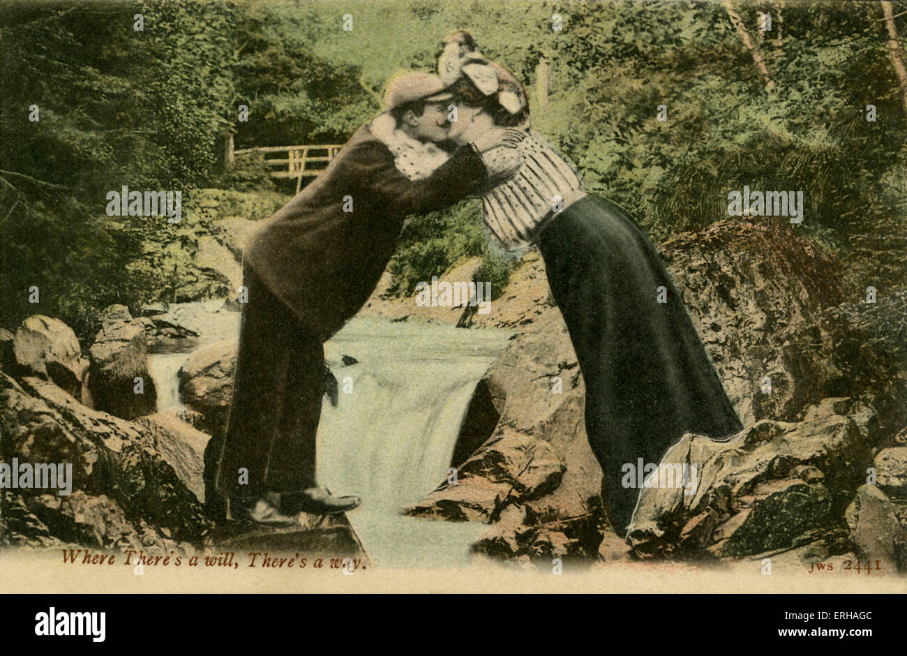 Paar küssen über Wasserfall, nach einer Photographie von J. Welch & Söhnen, Portsmouth. Bildunterschrift lautet "Wo ein Wille ist, ist auch ein Weg". Stockfoto