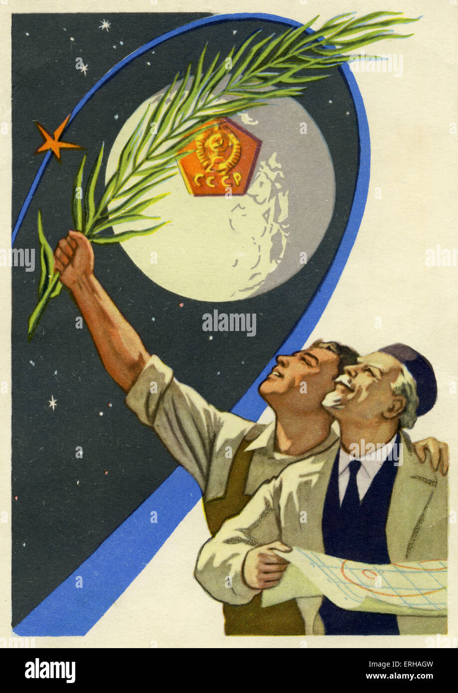 Sowjetische Arbeiter und Ingenieure in der Wettlauf ins All. Die ersten künstlichen Erdsatelliten Sputnik wurde 1957 ins All geschickt, Stockfoto