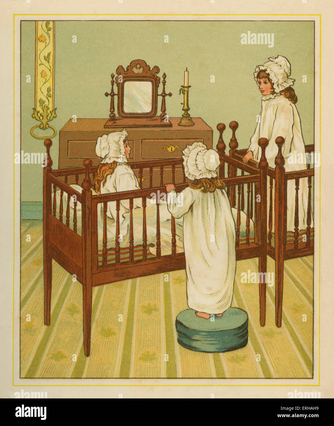 Drei viktorianischen Schwestern gekleidet für Bett, sitzen auf Kinderbetten. Illustration von j.g. Sowerby.1881 Stockfoto