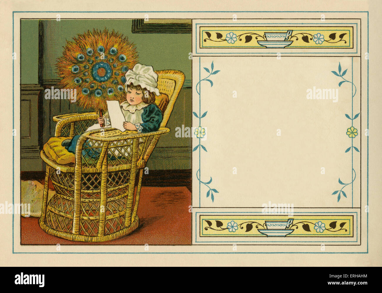 Viktorianische Kind lesen im Stuhl, hält Fan aus Pfauenfedern konstruiert.  Illustration von j.b. Sowerby.1881 Stockfoto