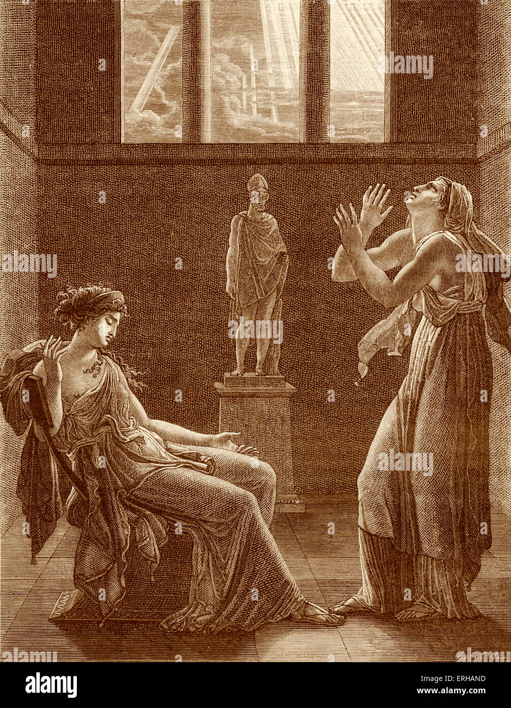 Phädra - Theaterstück von Jean Racine. Phèdre (Phaedra) und ihr vertrauter Œnone (Vorjahressiegerin) zeigt vom Gravur der Szene im 1. Akt. Stockfoto