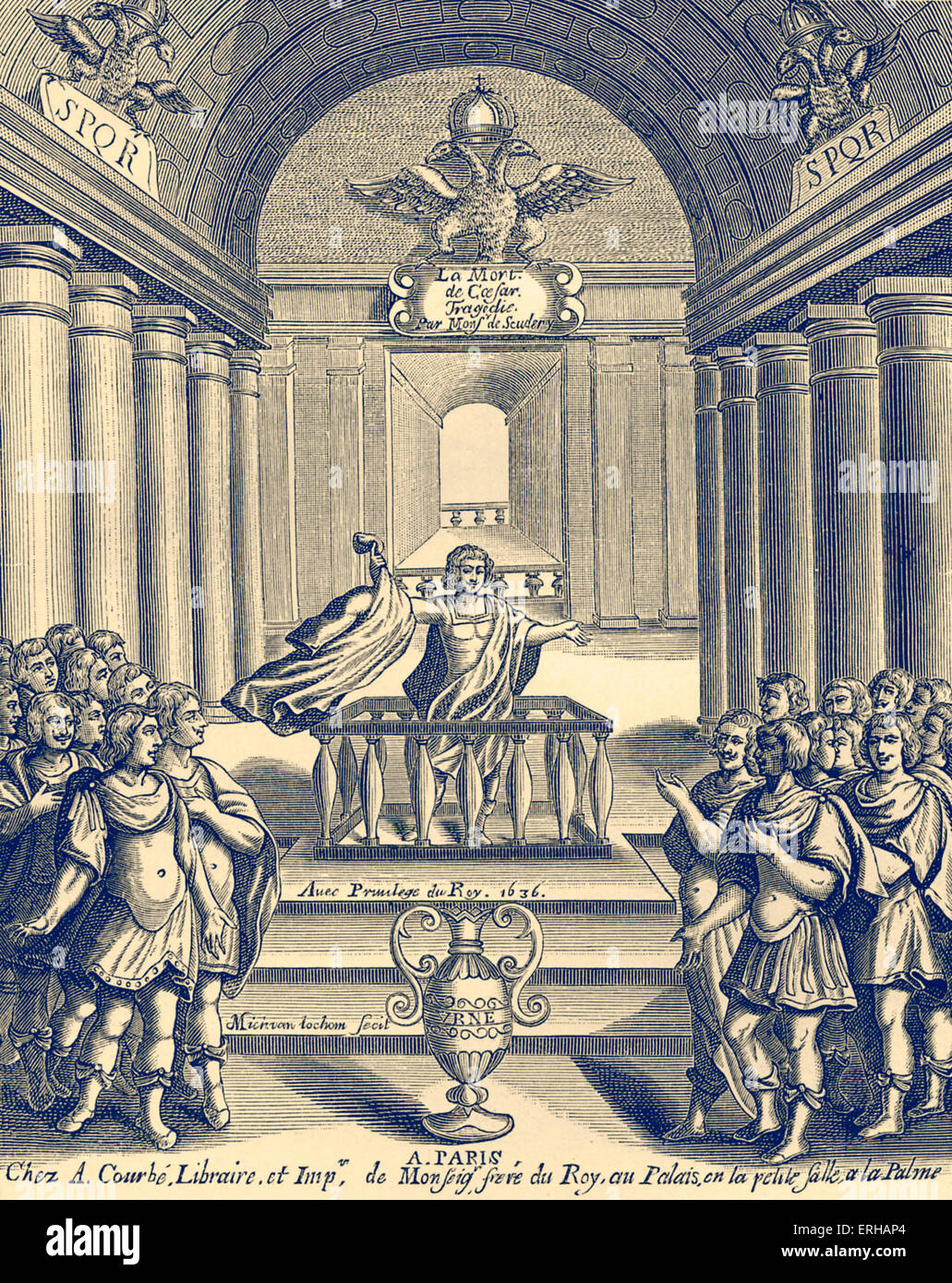 Der Tod von Cesar / Mort de César - von Georges de Scudéry. Frontispiz. Uraufgeführt im Hôtel de Bourgogne im Jahre 1636. GS: Stockfoto