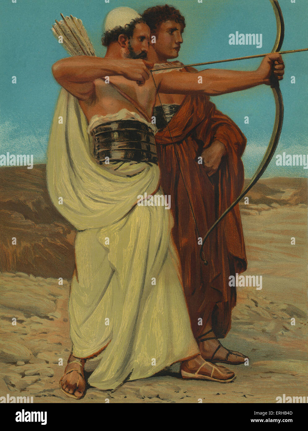 Jonathan und David, die Planung ihrer Pfeil-Signals. (Samuel 20:18-23). Illustration von Philip R Morris (1836-1902). Stockfoto