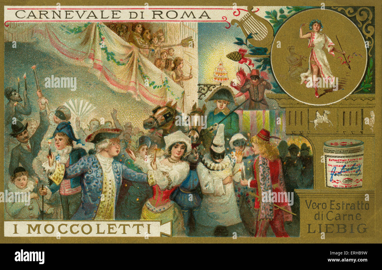 Die Moccoletto. Eine römische Karneval Tradition in der Konkurrenten versuchen, jede andere Kerzen ausblasen.  Liebig-Karte, Karneval in Stockfoto